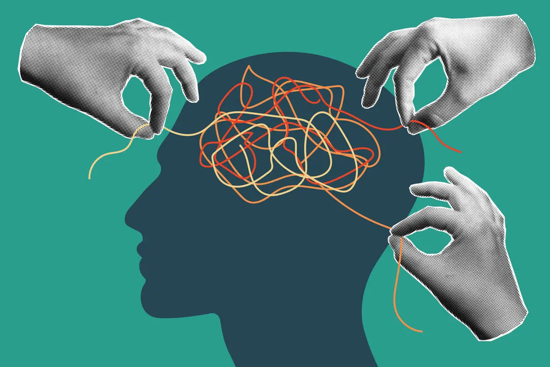 Illustration of hands untangling chaotic lines inside a human brain silhouette, symbolizing mental clarity and cognitive support